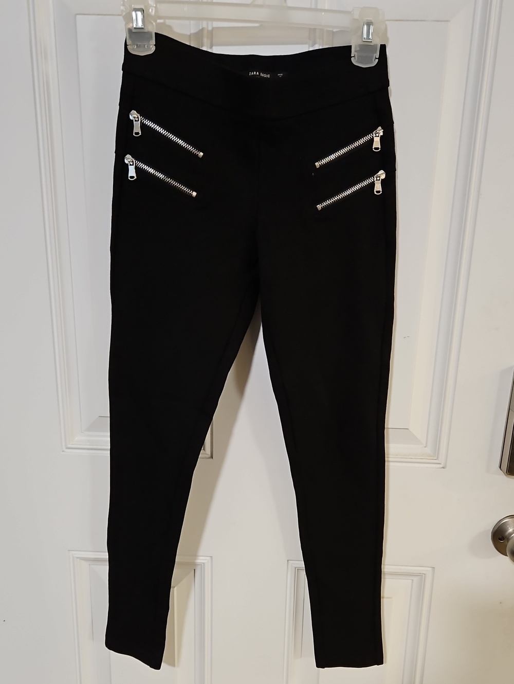 Zara Black Skinny High-Waist Pants with Silver Zipper Details Size SMALL